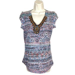 Womens O.S. Sz M Multicolor Multipattern Cap Sleeve Beaded V-Neck Semi-Sheer Top